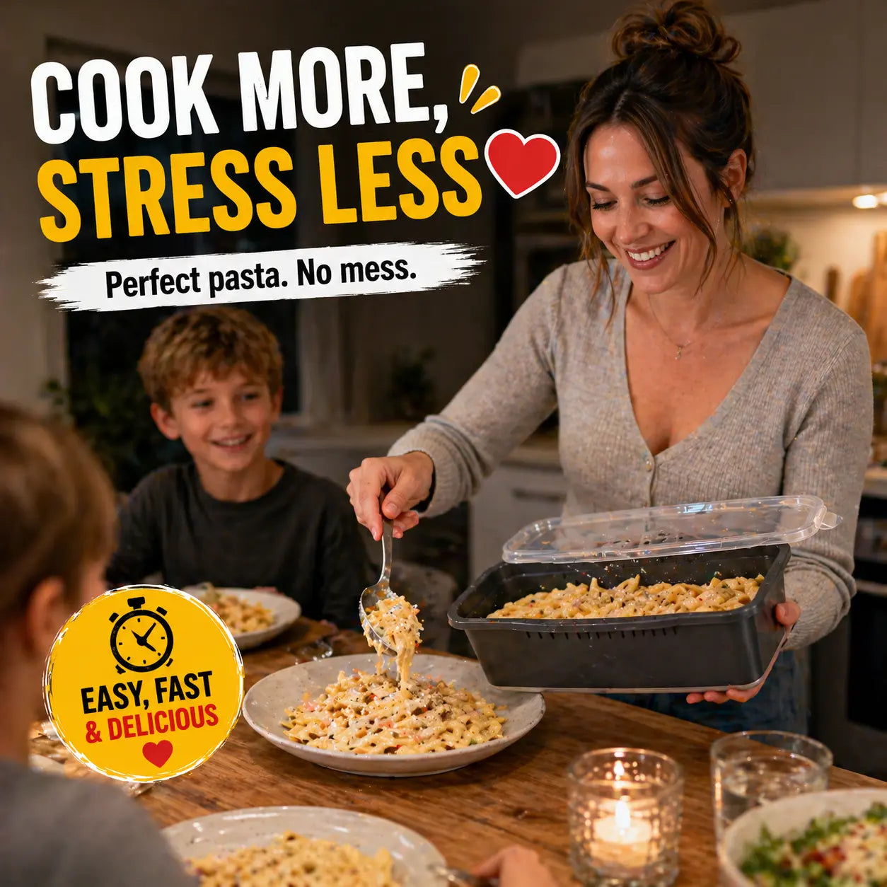 Microwave Pasta Cooker – Quick Pasta Maker Bowl, Microwave Safe Pasta Cooker with Strainer Lid, Instant Pasta Maker, Reusable Kitchen Gadget for Easy Cooking Container Dinner