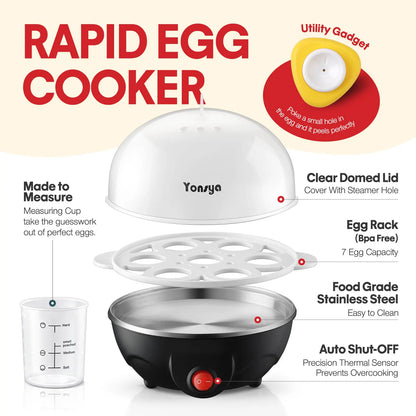 Yonsya Rapid Egg Cooker 7 Egg Capacity Electric Egg Cooker for Hard Boiled Eggs Poached Scrambled Omelets with Auto Shut off Feature Black,Summerwins