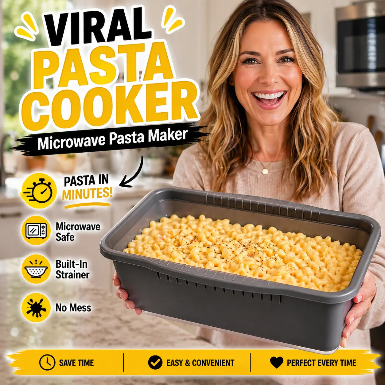 Microwave Pasta Cooker – Quick Pasta Maker Bowl, Microwave Safe Pasta Cooker with Strainer Lid, Instant Pasta Maker, Reusable Kitchen Gadget for Easy Cooking Container Dinner