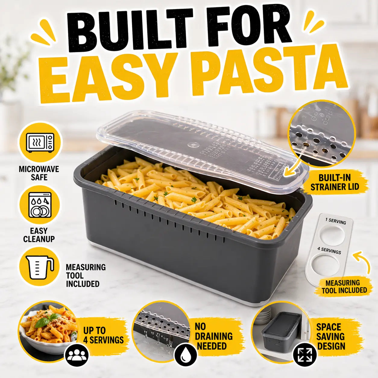 Microwave Pasta Cooker – Quick Pasta Maker Bowl, Microwave Safe Pasta Cooker with Strainer Lid, Instant Pasta Maker, Reusable Kitchen Gadget for Easy Cooking Container Dinner