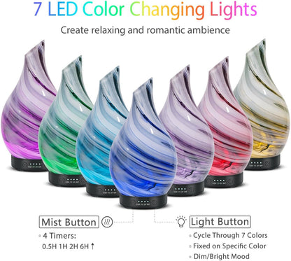 Essential Oil Diffuser 120ML Aroma Ultrasonic Humidifier Night Lights with Handmade Glass BPA Free Waterless Auto-Off Timer Setting for Home Yoga Office
